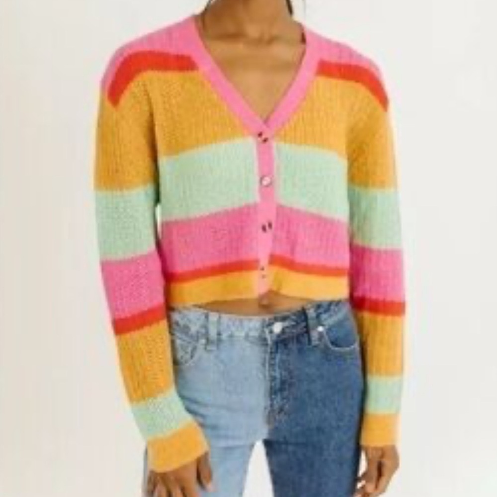 Nwt Dee Elly Women’s Multi Color Striped Cropped Cardigan Sweater | Size L